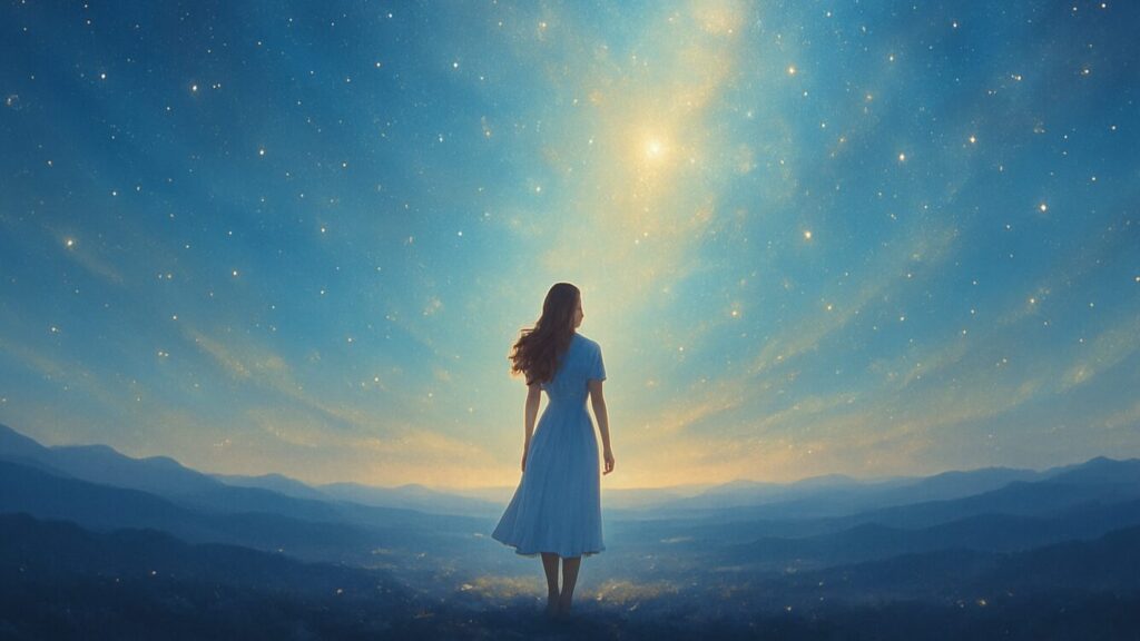 夕日を背に、広大な草原に立つ女性。やわらかな光に包まれ、遠くの山々と空が幻想的に広がる中、「本体さん」とつながったような静かな感動を感じさせる風景。